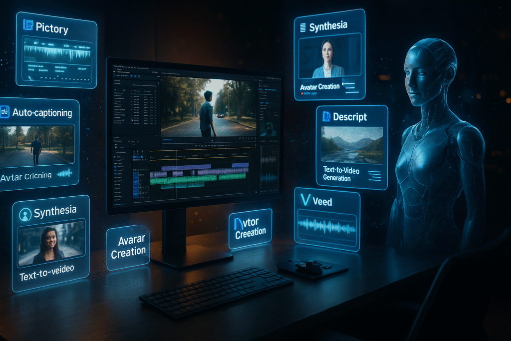 A futuristic video editing studio in 2025, filled with glowing holographic interfaces showing AI video tools in action. Multiple floating screens display timelines, auto-captioning, avatar creation, and text-to-video generation. Labels on tools include “Pictory,” “Runway,” “Synthesia,” “Descript,” and “Veed.” A digital humanoid AI assistant hovers beside the workspace. The environment is ultra-modern with cinematic lighting, sleek monitors, and visual effects like particles, transitions, and waveform animations surrounding the scene. The vibe is fast, pro-level, and AI-powered—perfect for creators.