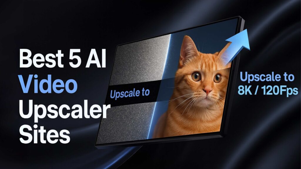A promotional banner for “Best 5 AI Video Upscaler Sites,” featuring a screen with a cat image transitioning from low resolution to ultra-sharp 8K. The screen has a blue upward arrow and the text “Upscale to 8K / 120fps.” The background is sleek and dark with the logo “AI Video Enhancer” at the bottom.