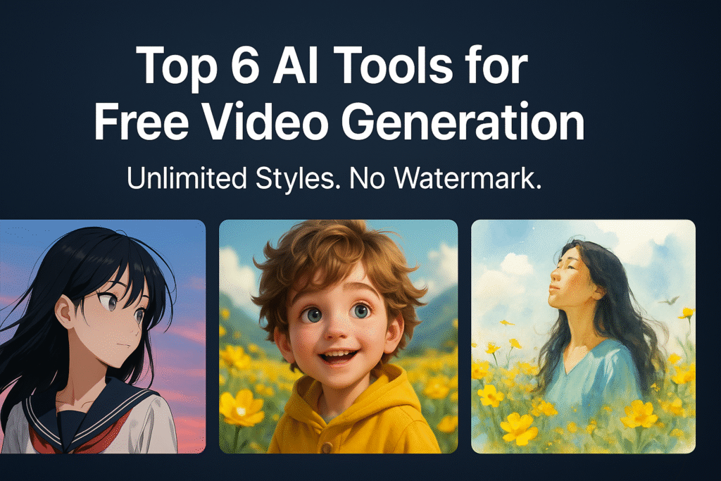 A promotional digital graphic featuring three AI-generated video styles — anime, Pixar-style, and watercolor — displayed in a YouTube-style grid layout. The bold text reads “Top 6 AI Tools for Free Video Generation” and “Unlimited Styles. No Watermark.” The design is vibrant, clean, and modern, showcasing the creative diversity of AI video tools.
