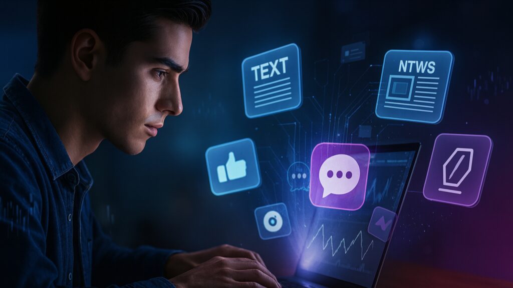 A focused young man using a laptop surrounded by floating holographic icons representing AI tools like writing, social media, text generation, and news. The digital interface is futuristic, glowing in shades of purple and blue, symbolizing productivity and online side hustle opportunities in 2025.