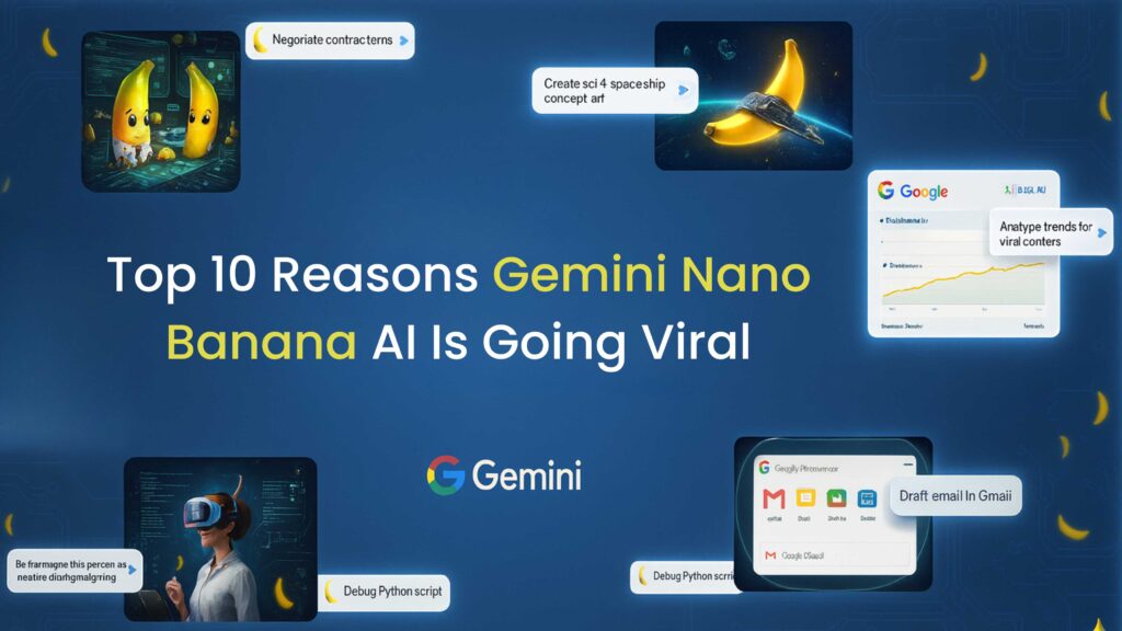 A futuristic digital promotional image for Google Nano Banana AI featuring cartoon bananas performing AI tasks like negotiating contracts, debugging code, and analyzing trends. The background is a tech-inspired blue with glowing circuits and banana icons, highlighting Google Gemini integration.